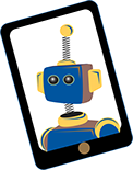 Petit robot bleu qui décline les sujets sur l'entreprise.